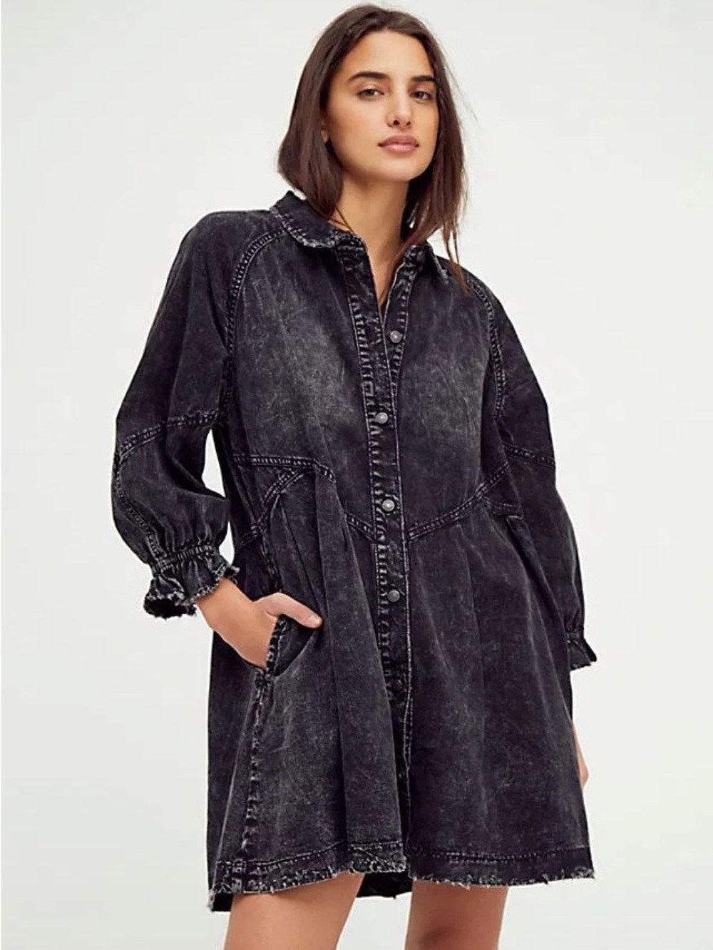 Free People We the Free Hannah Denim Mini Dress in Black Size Medium